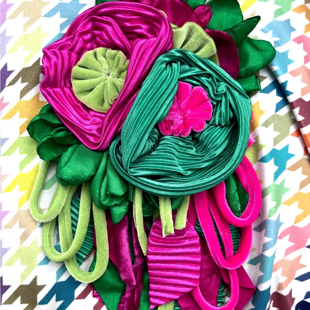 Pink and Green Fabric Flower Pin
